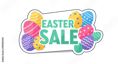 Easter sale sign with colorful eggs on white background