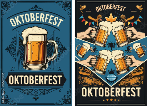 Oktoberfest beer festival vintage poster design with frothy beer mugs, festive celebration artwork, traditional Bavarian party illustration for seasonal event branding