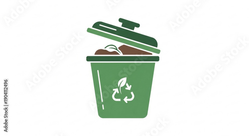 Green recycling bin with open lid and compost waste inside eco friendly waste management concept simple flat design on white background