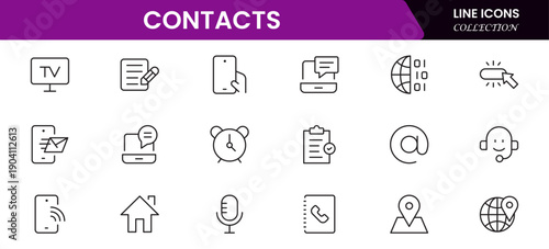 Contact us line icon set. Chat, name, address, email, message, phone and more.Outline vector icon in linear style. Conceptual pictogram collection