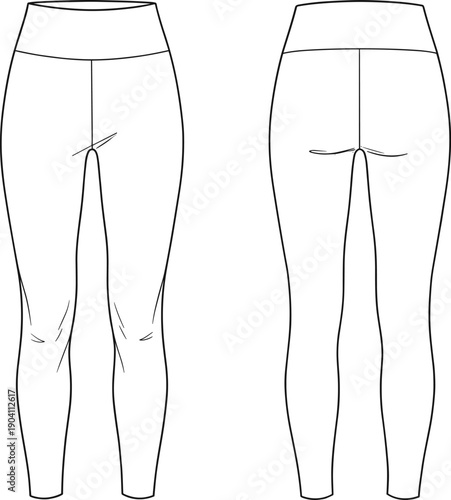 Women seamless leggings technical fashion sketch, front and back view vector outline illustration for sportswear apparel design template, branding production