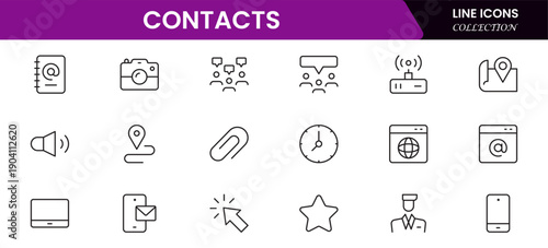 Contact us line icon set. Chat, name, address, email, message, phone and more.Outline vector icon in linear style. Conceptual pictogram collection