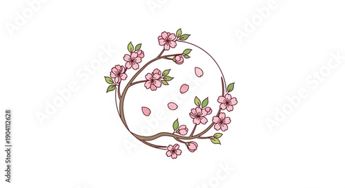 Pink cherry blossoms on a curved branch with green leaves on white background
