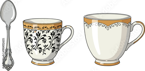 Ornate teacup and spoon, floral pattern, gold rim, vintage tableware, elegant design, ceramic cups, classic style, tea accessories, contrast decor