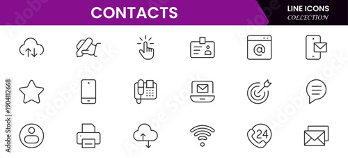 Contact us line icon set. Chat, name, address, email, message, phone and more.Outline vector icon in linear style. Conceptual pictogram collection