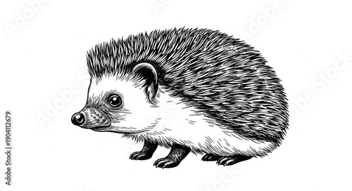 Detailed illustration of a hedgehog in black and white.