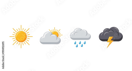 Set of weather icons showing sun clouds rain and storm.