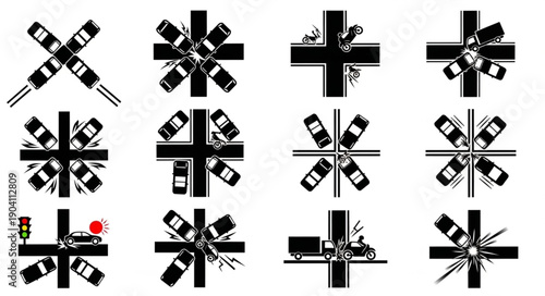 Set of traffic intersection icons with cars and trucks.