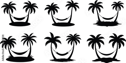 Palm trees silhouette, hammock vector set, tropical beach icons, summer relaxation design, black isolated clipart, vacation paradise illustration
