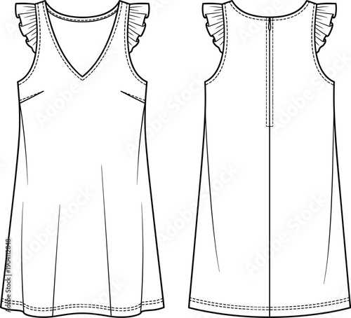 Women sleeveless ruffle shoulder V neck dress technical fashion flat sketch front and back view apparel illustration vector design template
