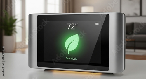 Smart home thermostat with eco mode on a table in a modern living room with a green leaf icon and temperature display