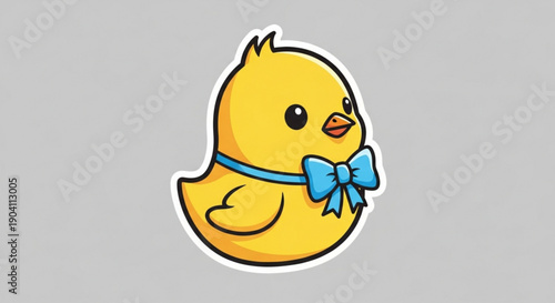 Adorable cartoon yellow duck with blue bow on gray background perfect for children's designs and nursery decor