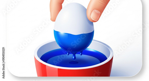 Hand dyeing white egg blue in red cup for easter decoration colorful activity