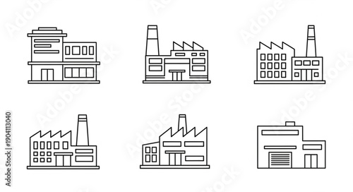 Set of six industrial factory buildings in a simple line art style.