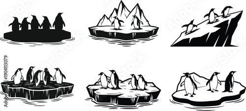 Penguins on ice floes, Antarctic wildlife, black and white illustration, cold environment, group behavior, nature scene, stylized vector art