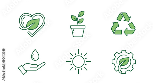 Set of six green environmental icons on white background.