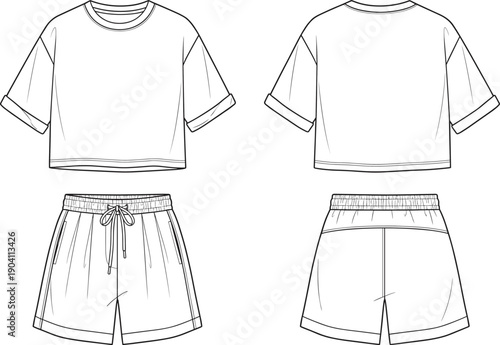 Womens casual loungewear set technical fashion sketch, t shirt and shorts front back view vector outline illustration template design apparel