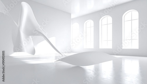Wallpaper Mural Minimalist White Interior with Flowing Fabric and Arched Windows. Torontodigital.ca