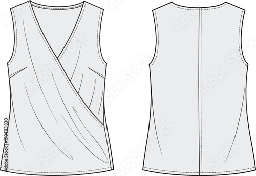 Womens sleeveless wrap blouse technical fashion sketch, front and back view vector outline illustration for modern apparel design template