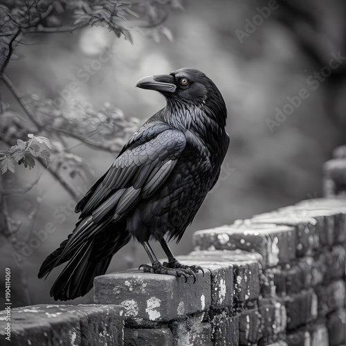 Black Crow on Brick Wall with Blurred Natural Background