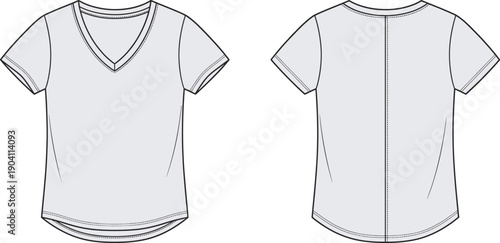 Womens v neck t shirt, fashion flat technical sketch, front and back view, casual apparel design template, vector illustration