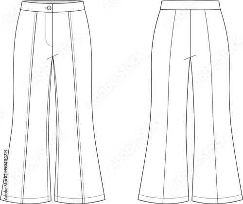 Women's wide leg pants technical fashion illustration, front and back view, high waist trousers, vector flat sketch apparel design template