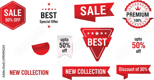 Red promotional sale badges and discount labels set with best offer banners, premium quality stickers, new collection marketing tags vector design