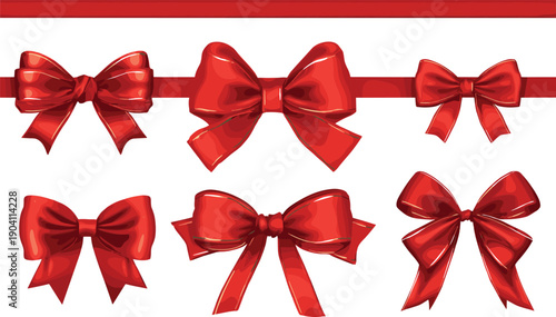 Red ribbon bows collection, elegant decorative gift wrap design, festive holiday decoration elements, shiny satin bows for Christmas, birthday, celebration