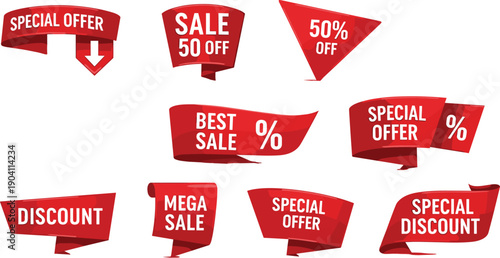 Red ribbon sale banner collection with special offer labels, discount tags, promotional price ribbons, retail marketing graphics, modern vector design elements