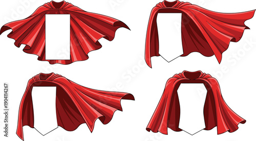 Red superhero cape photo frame set, dynamic comic style costume template, heroic cape border design, fantasy character outfit vector illustration
