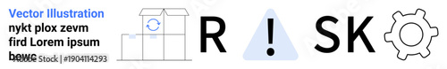 Risk management, warning systems, logistics safety, security planning, process optimization, business analysis. Icons include a gear, warning triangle and boxes. Risk assessment and logistics safety