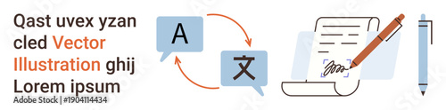 Language services, global communication, content creation, translation tools, multilingual editing, professional writing. Speech bubbles with text, paper and pen. Language services and global