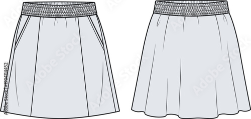 Women's, elastic, waist, midi, skirt, fashion, flat, technical, drawing, front, back, view, vector, illustration, casual, summer, apparel, design, template, isolated