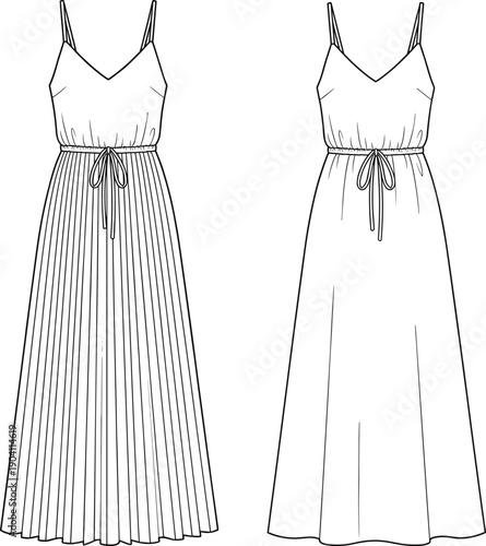 Women's, spaghetti, strap, maxi, dress, fashion, flat, technical, drawing, front, back, view, vector, illustration, pleated, skirt, summer, apparel, design, isolated