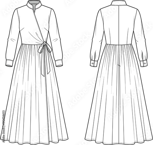 Women's, wrap, maxi, dress, fashion, flat, technical, drawing, front, back, view, vector, illustration, long, sleeve, pleated, skirt, apparel, design, isolated