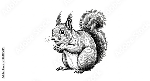 Detailed illustration of a squirrel in black and white.