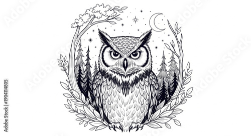 Detailed illustration of a wise owl in a forest at night.