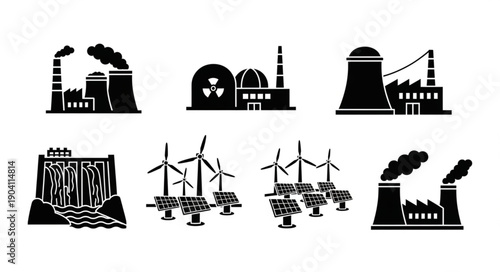 Set of industrial power plant icons representing different energy sources.