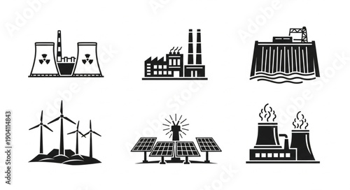 Set of industrial power plant icons including nuclear wind solar and hydroelectric energy sources.