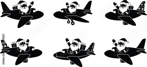 Santa Claus flying airplane silhouette, Christmas aviation clipart, festive aircraft vector, holiday pilot graphic, black Santa jet illustration
