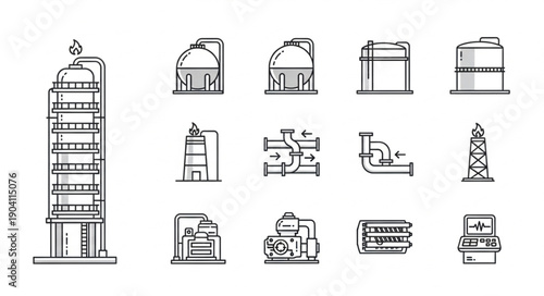 Set of industrial icons representing factories and machinery.