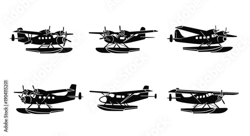 Set of six black silhouette floatplanes on white background.