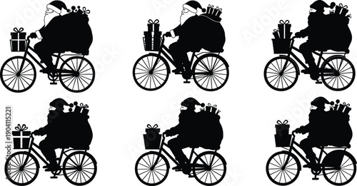 Santa Claus riding bicycle silhouette, Christmas delivery, festive transport, holiday gifts, black vector art, eco-friendly Santa, seasonal illustration, presents
