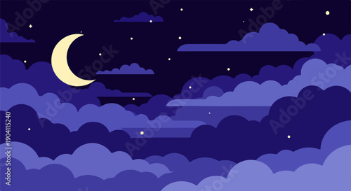 Night sky vector illustration with crescent moon, dark blue clouds, and stars, flat graphic background