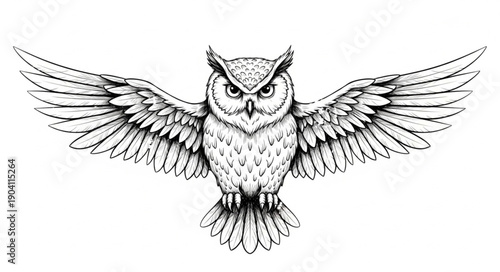 Detailed Illustration of an Owl with Wings Spread Wide.