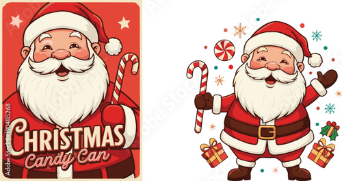 Santa Claus, Christmas candy cane, festive background, holiday gifts, snowflakes, peppermint, red suit, cheerful, celebration, winter, joy, cartoon, illustration, waving, stars