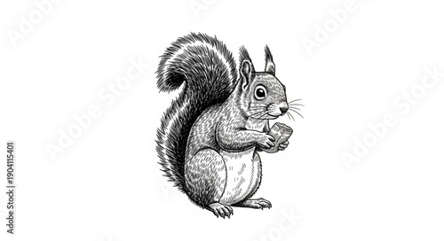 Detailed ink drawing of a squirrel holding a nut.