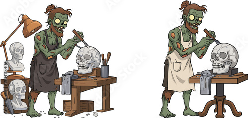 Zombie sculptor carving human skull statue in spooky art studio, Halloween horror concept, undead artist working with creepy sculptures, fantasy illustration