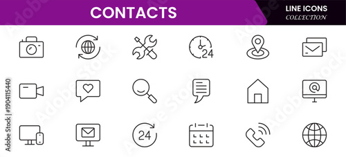 Contact us line icon set. Chat, name, address, email, message, phone and more.Outline vector icon in linear style. Conceptual pictogram collection