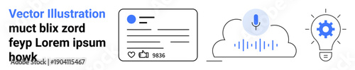 Social media, voice recognition, cloud storage, digital ideas, technology, communication. Design includes a profile card, audio cloud and idea bulb illustration. Social media and cloud storage ion